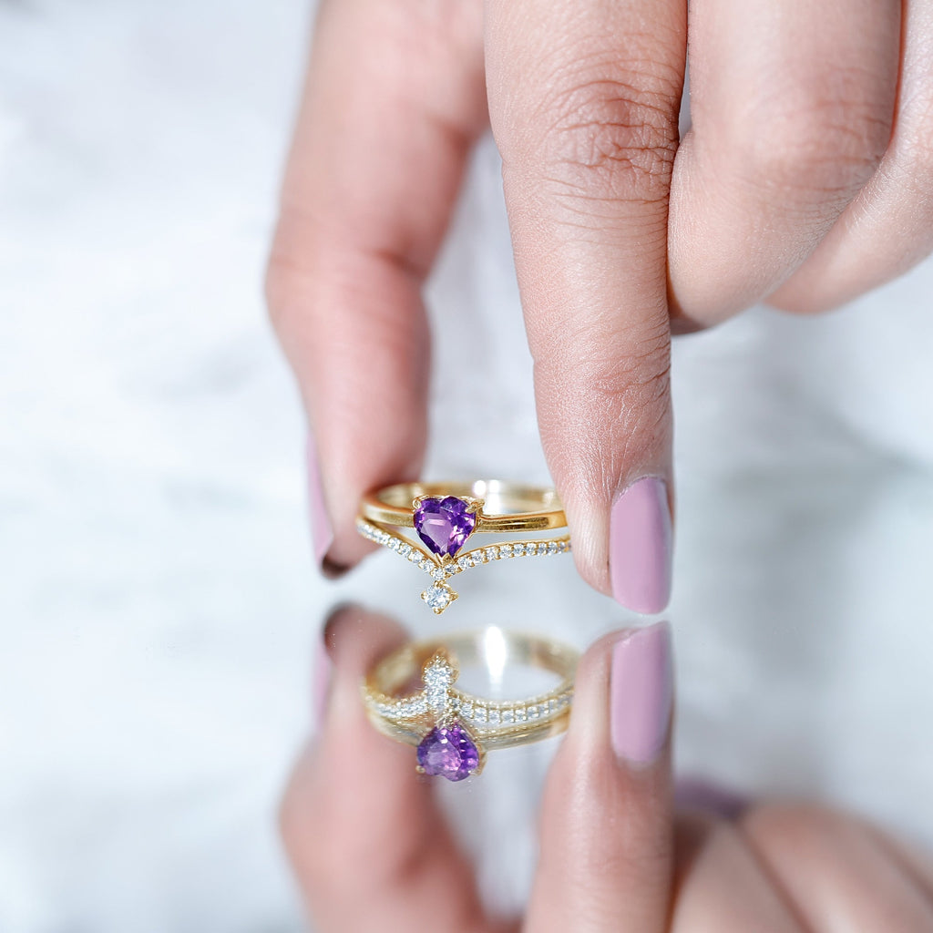 Certified Real Amethyst Heart Engagement Ring with Diamond Wedding Band