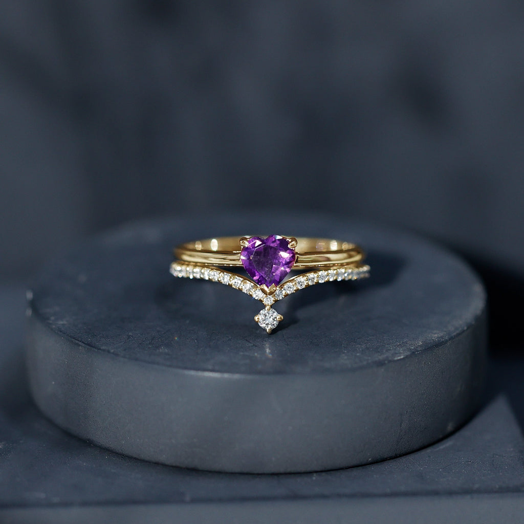 Certified Real Amethyst Heart Engagement Ring with Diamond Wedding Band