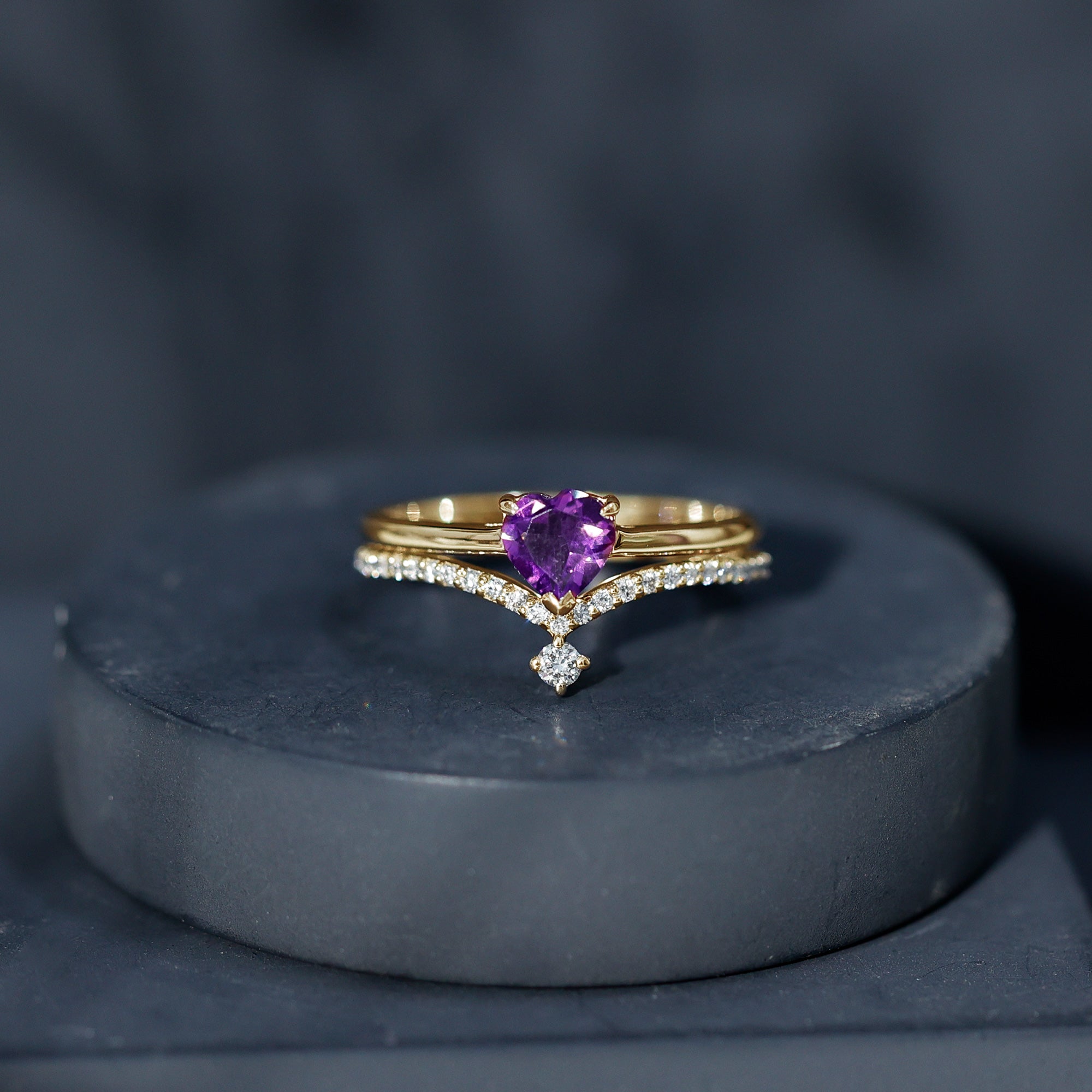 Certified Real Amethyst Heart Engagement Ring with Diamond Wedding Band