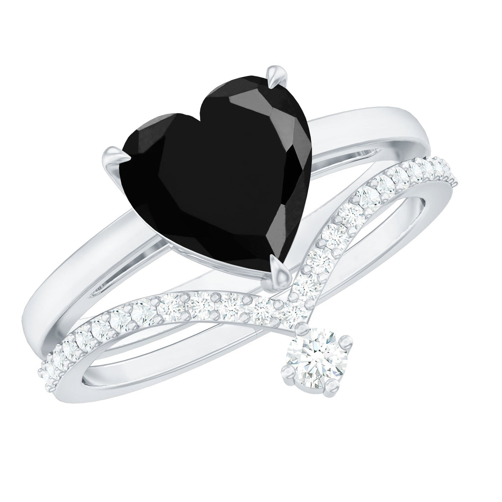 Genuine 2 Carat Black Spinel Heart Engagement Ring with Diamond Enhancer