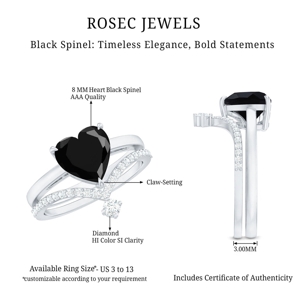 Genuine 2 Carat Black Spinel Heart Engagement Ring with Diamond Enhancer