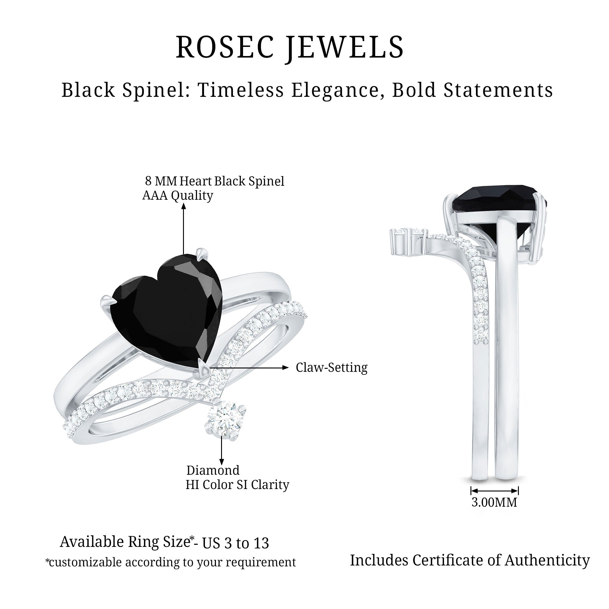 Genuine 2 Carat Black Spinel Heart Engagement Ring with Diamond Enhancer