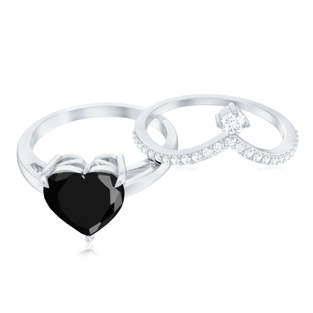 Genuine 2 Carat Black Spinel Heart Engagement Ring with Diamond Enhancer