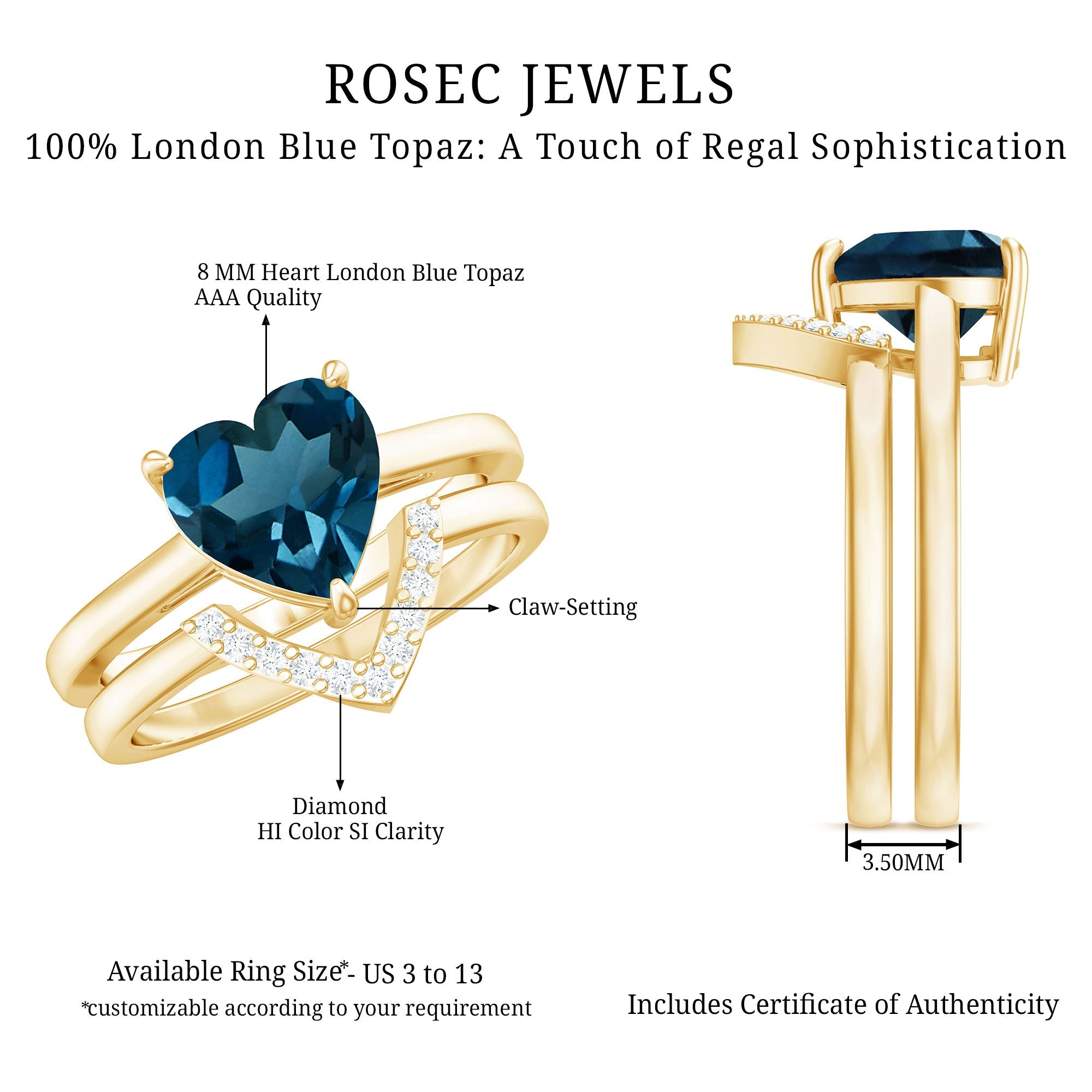 2 Carat London Blue Topaz Heart Ring Set with Diamond