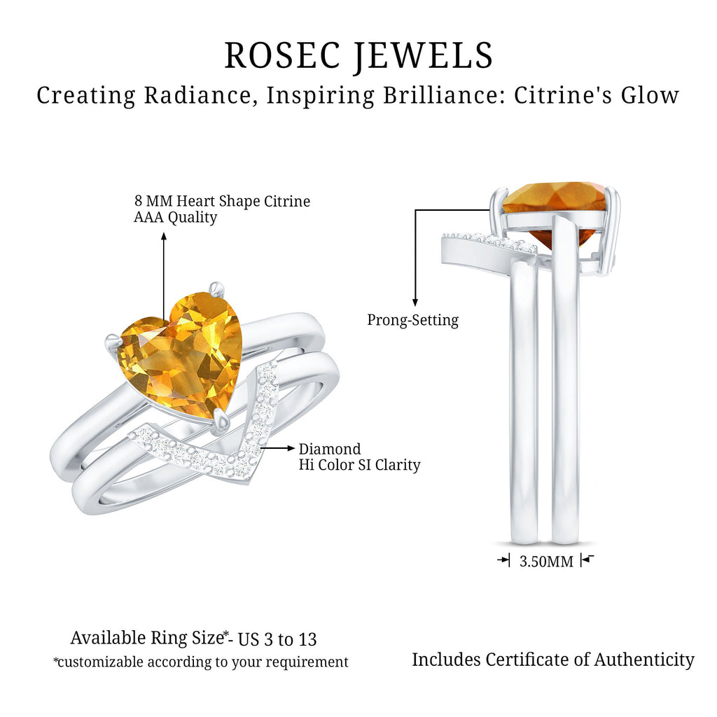 2 Carat Heart Shape Citrine and Diamond Bridal Ring Set