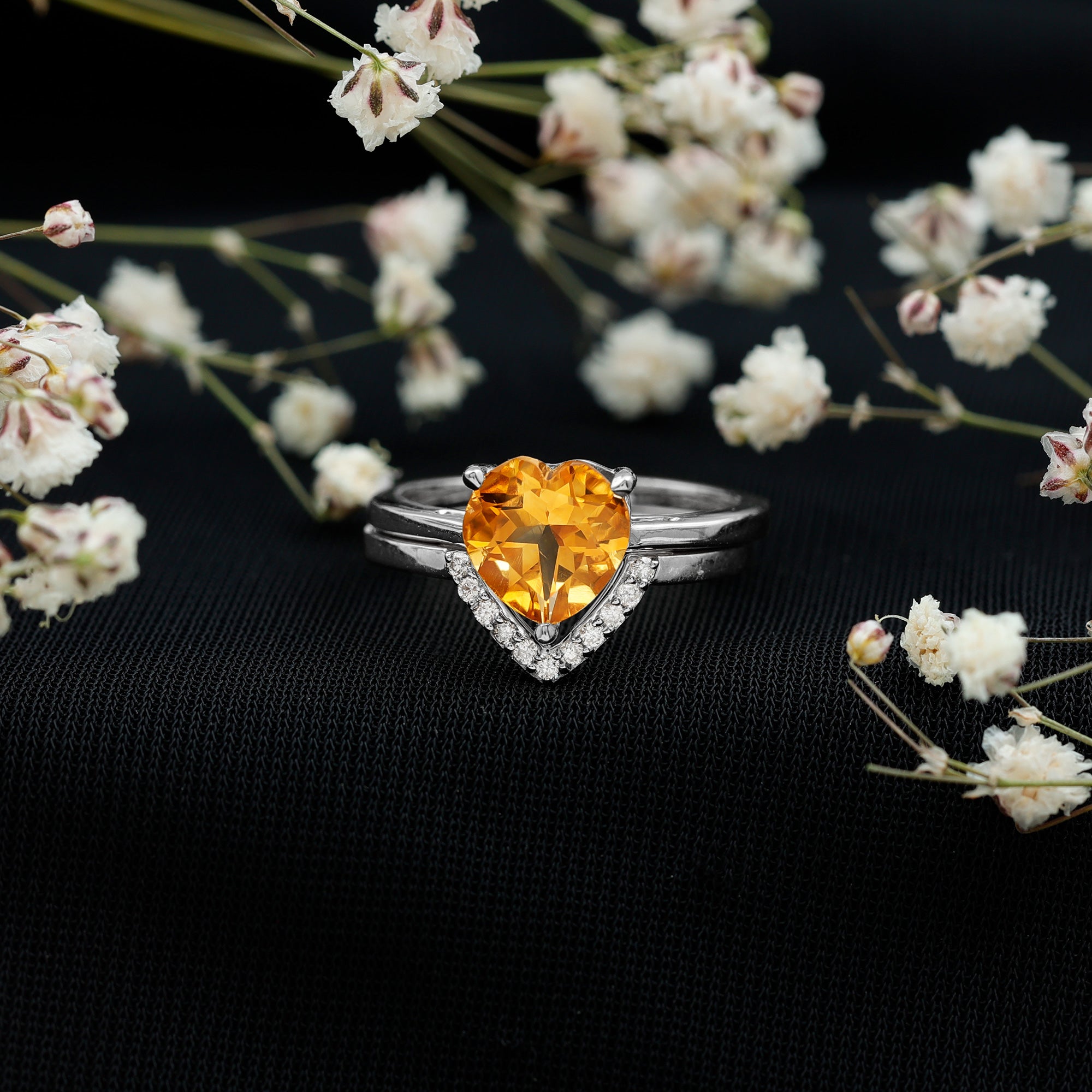 2 Carat Heart Shape Citrine and Diamond Bridal Ring Set