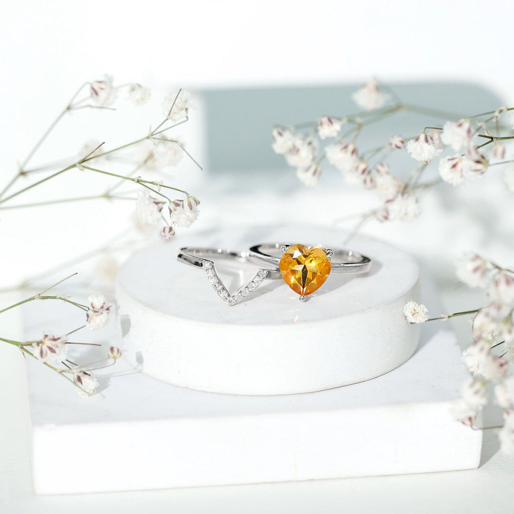 2 Carat Heart Shape Citrine and Diamond Bridal Ring Set