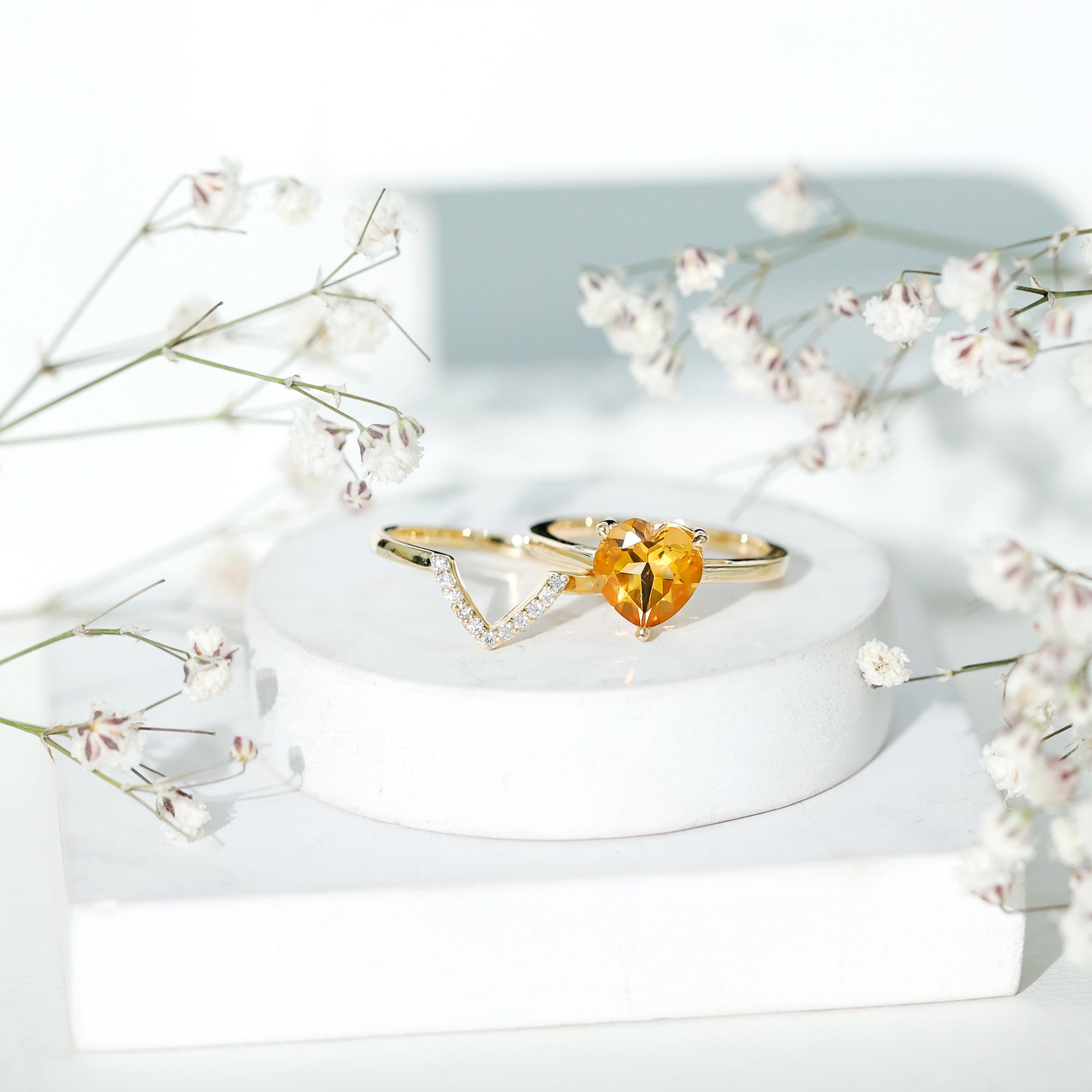2 Carat Heart Shape Citrine and Diamond Bridal Ring Set