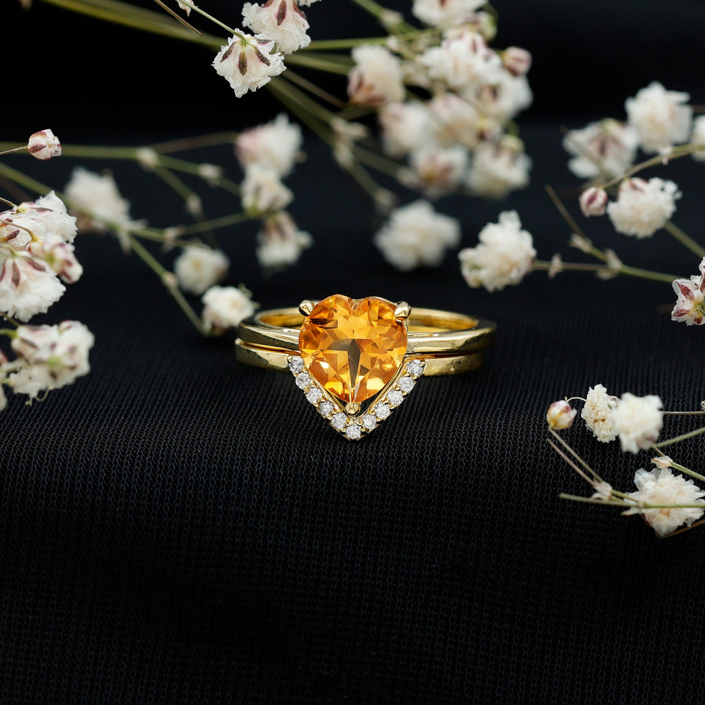 2 Carat Heart Shape Citrine and Diamond Bridal Ring Set