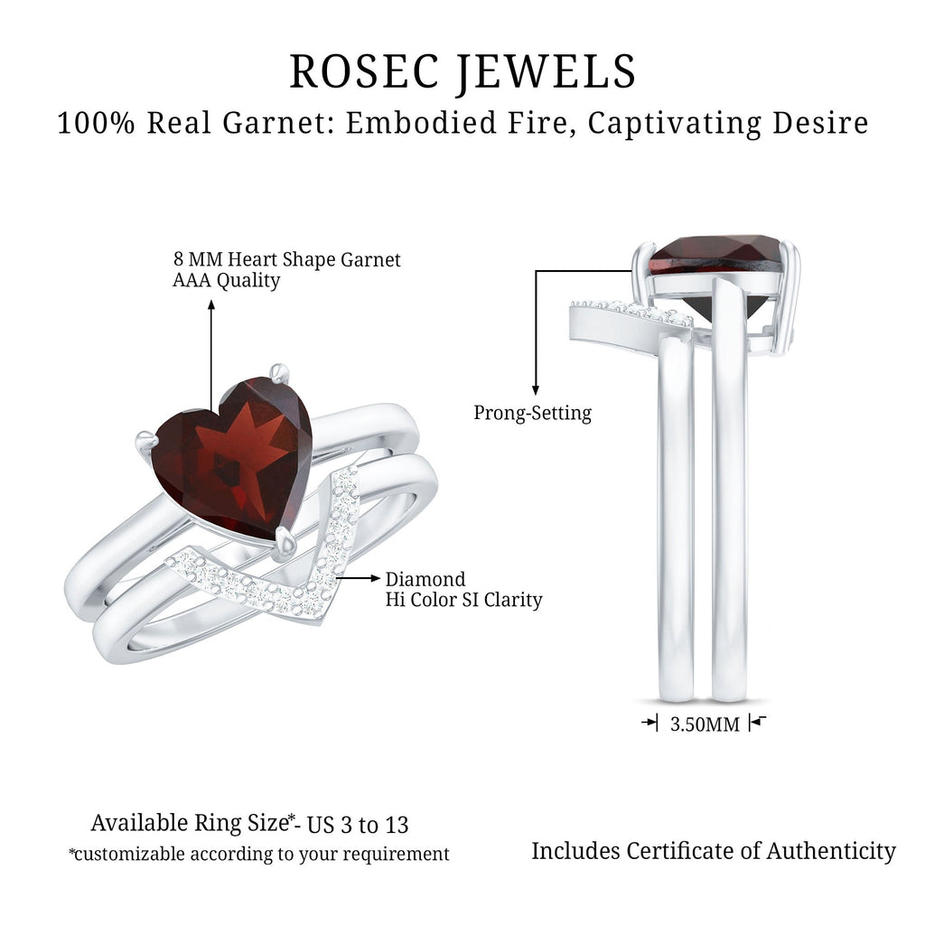 Real 4 Carat Garnet Diamond Heart Shaped Wedding Engagement Ring Set of 2