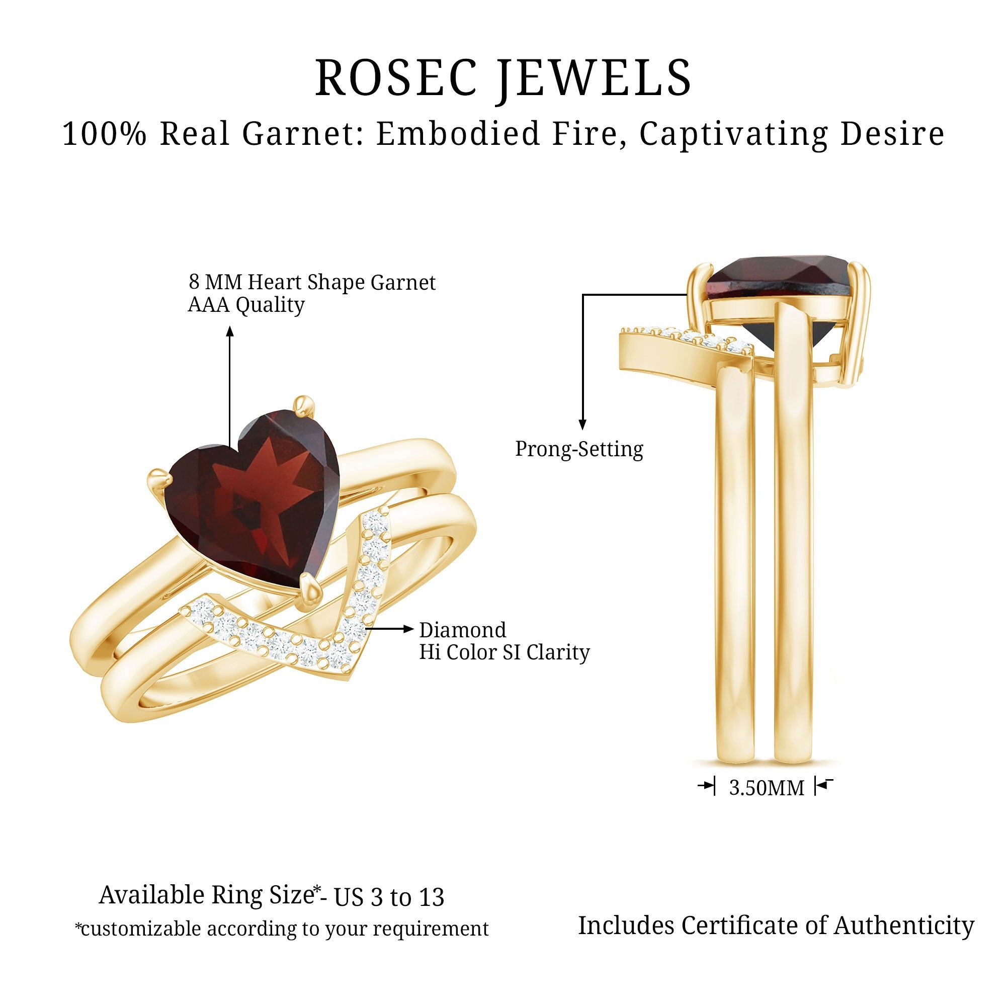 Real 4 Carat Garnet Diamond Heart Shaped Wedding Engagement Ring Set of 2