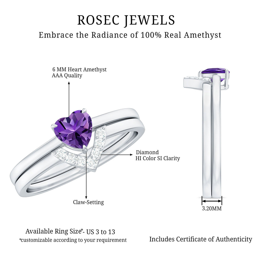 Natural Heart Shape Amethyst Engagement Ring Set with Diamond