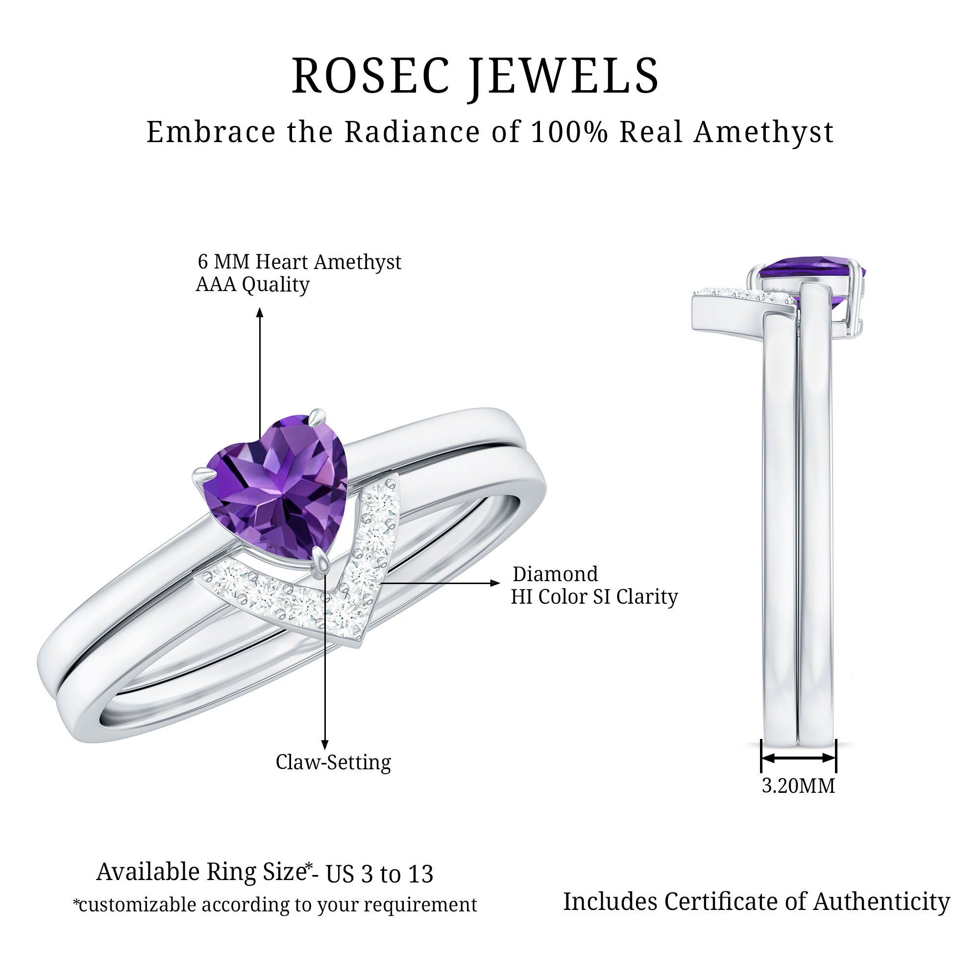 Natural Heart Shape Amethyst Engagement Ring Set with Diamond