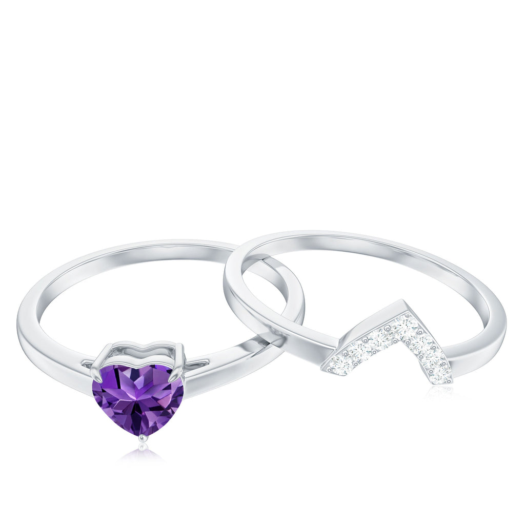 Natural Heart Shape Amethyst Engagement Ring Set with Diamond