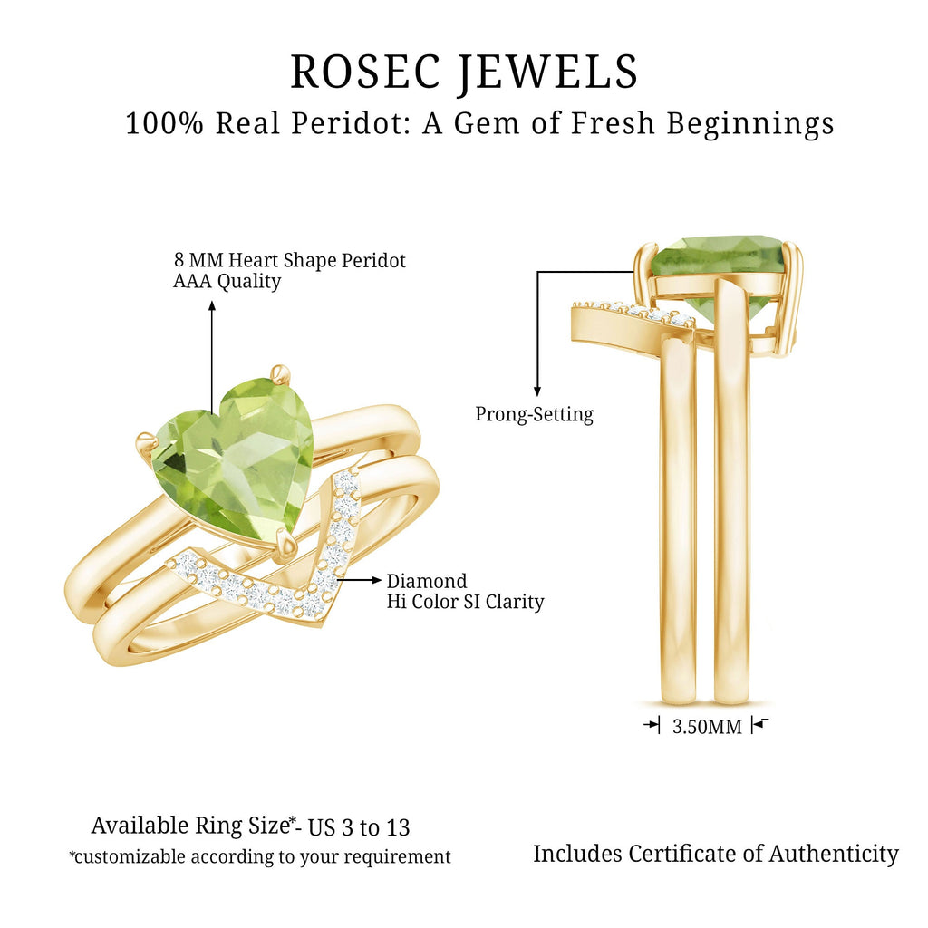 Natural 2 Carat Heart Shape Peridot Wedding Ring Set of 2 with Diamond