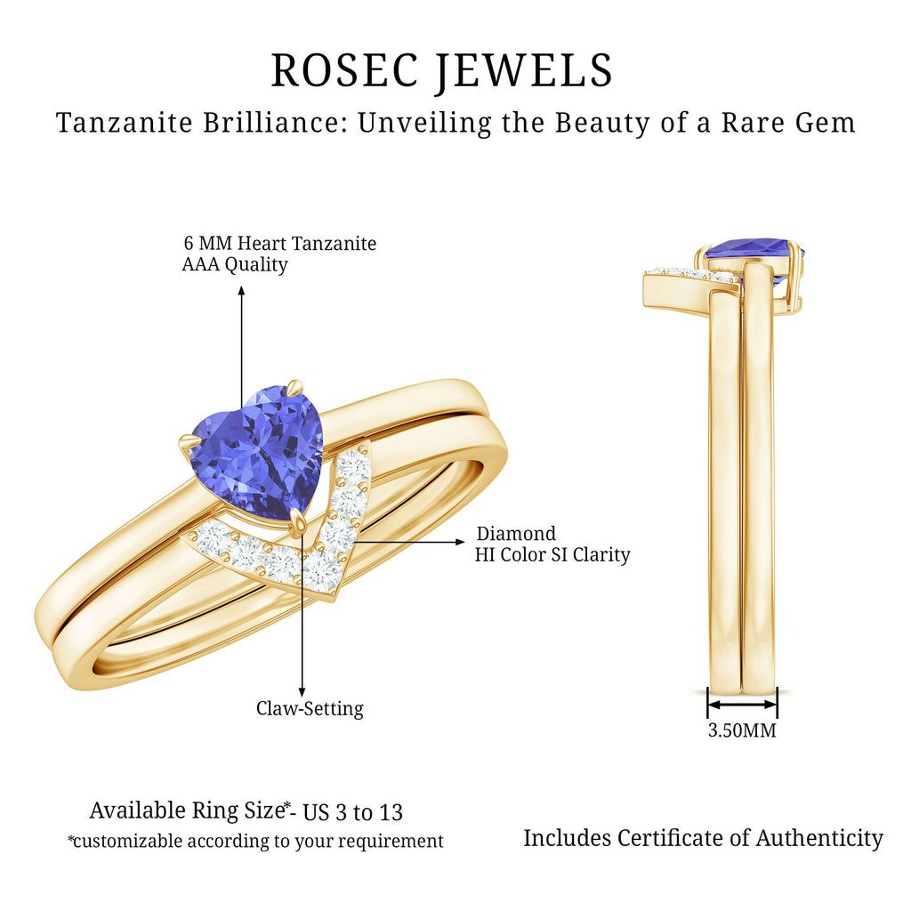 Natural Heart Shape Tanzanite Diamond Wedding Engagement Ring Set