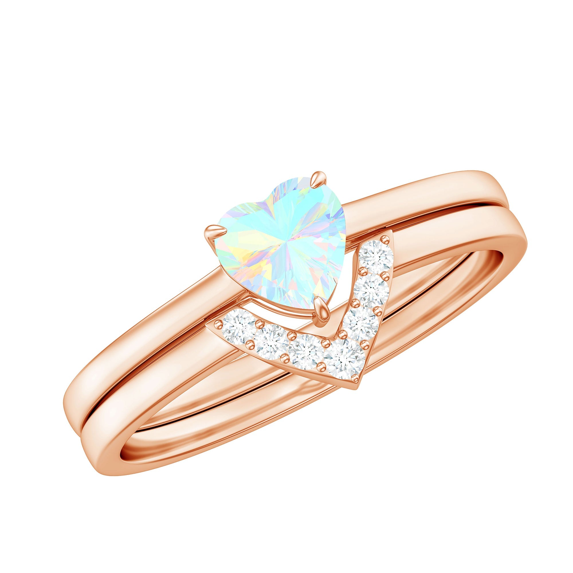 Ethiopian Opal Heart Engagement Ring with Diamond Wedding Band
