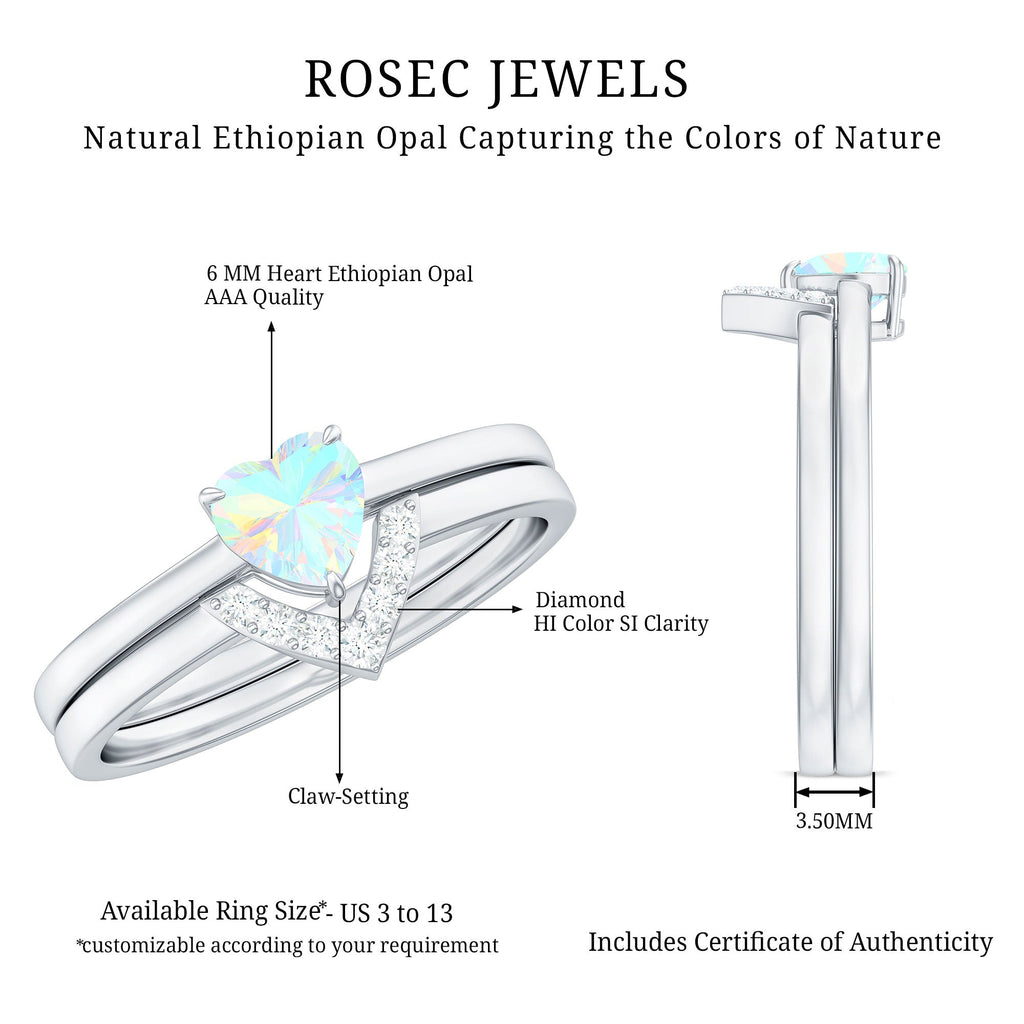 Ethiopian Opal Heart Engagement Ring with Diamond Wedding Band