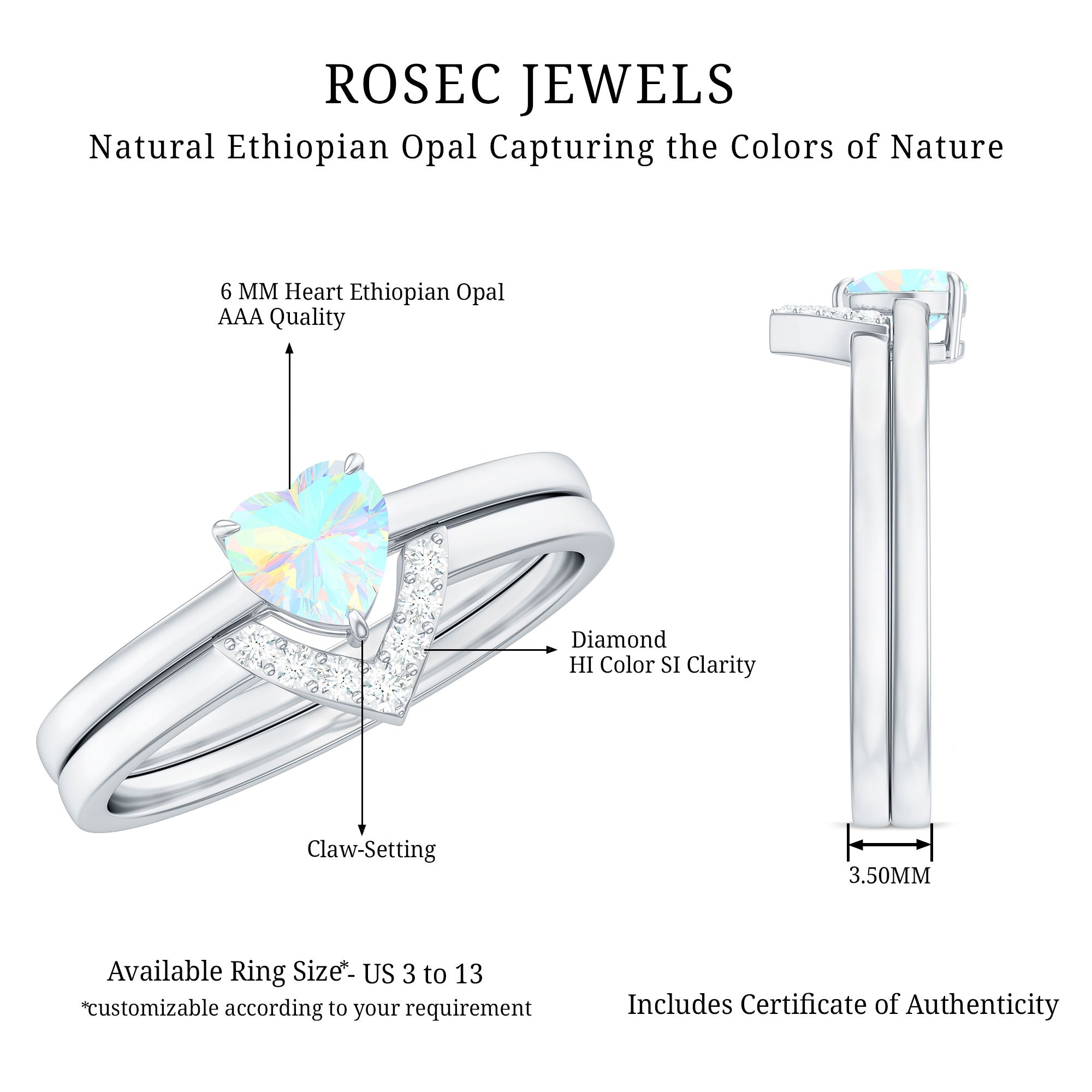 Ethiopian Opal Heart Engagement Ring with Diamond Wedding Band