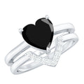 Natural Black Spinel Diamond 2 Carat Heart Engagement and Wedding Ring Set of 2