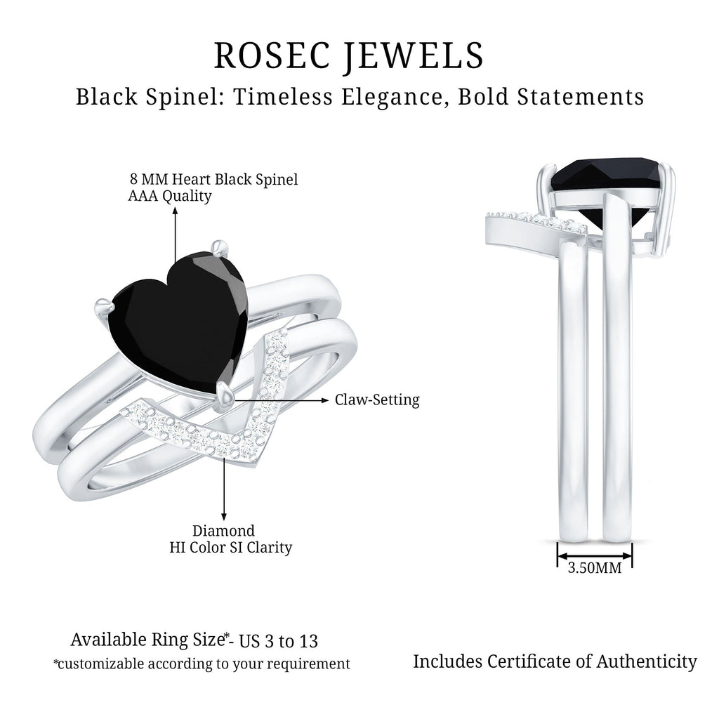 Natural Black Spinel Diamond 2 Carat Heart Engagement and Wedding Ring Set of 2