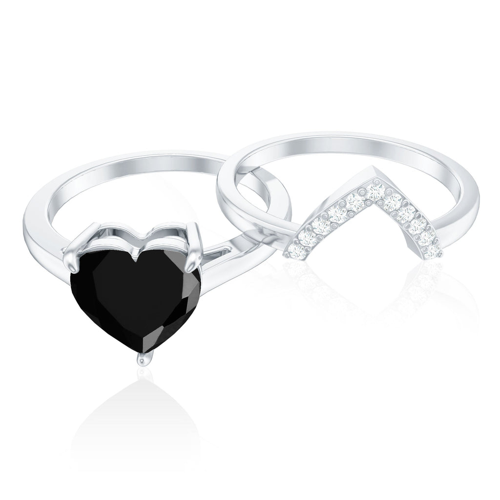 Natural Black Spinel Diamond 2 Carat Heart Engagement and Wedding Ring Set of 2