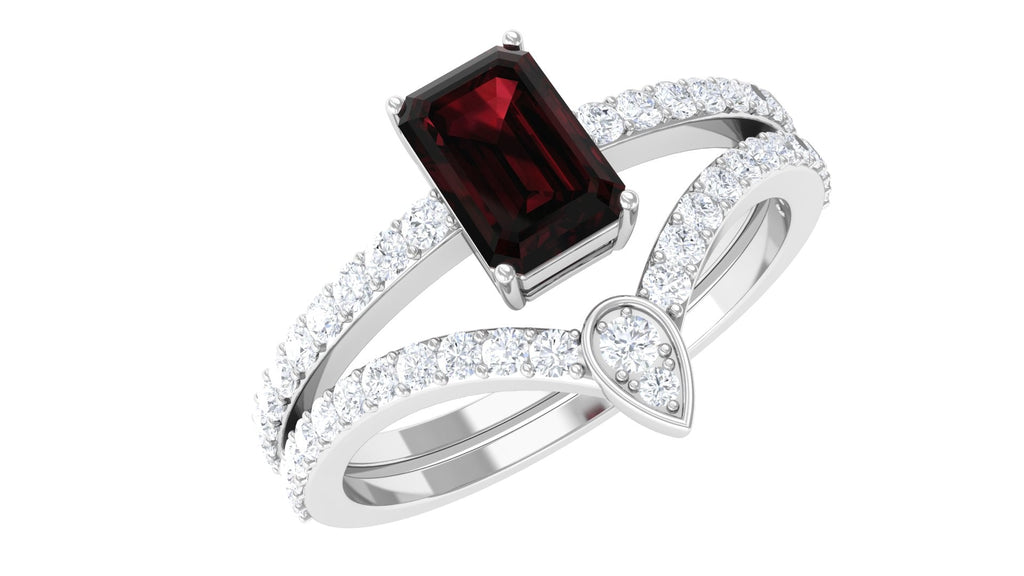 Real 0.7 Carat Garnet Diamond Emerald Cut Wedding Bridal Ring Set of 2