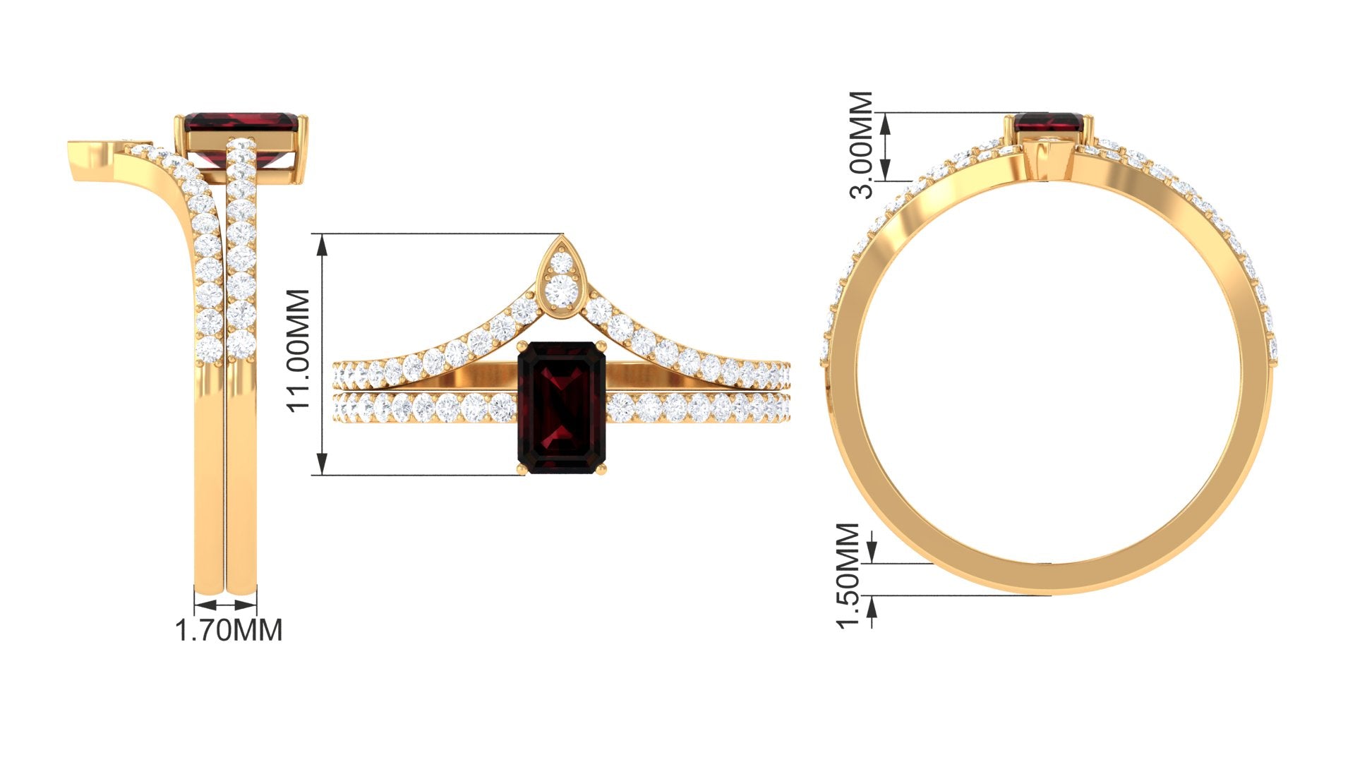 Real 0.7 Carat Garnet Diamond Emerald Cut Wedding Bridal Ring Set of 2