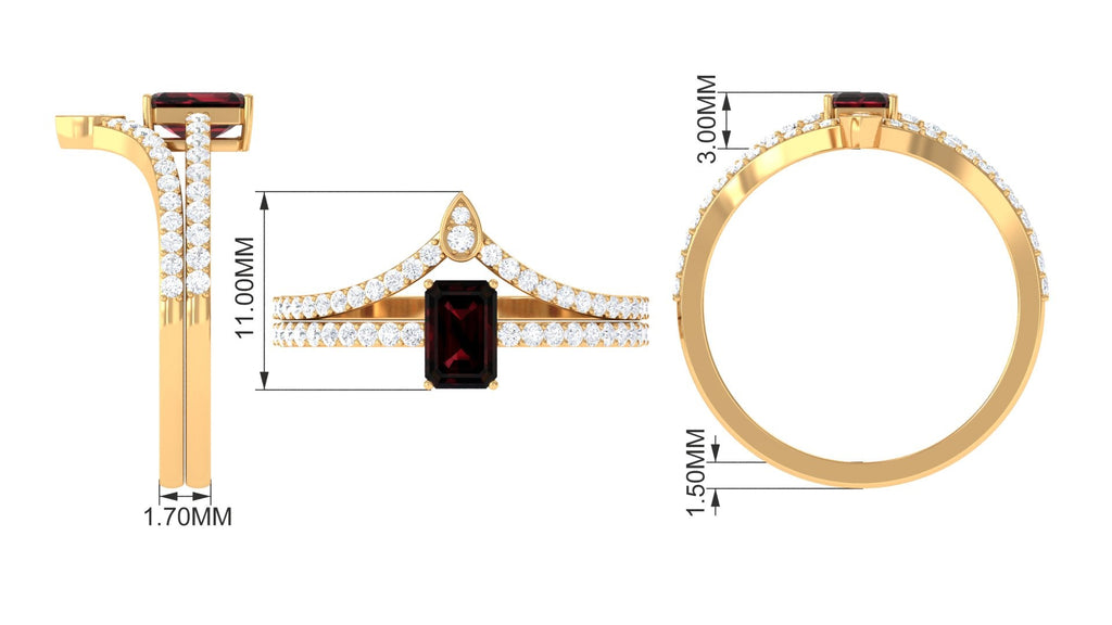 Real 0.7 Carat Garnet Diamond Emerald Cut Wedding Bridal Ring Set of 2