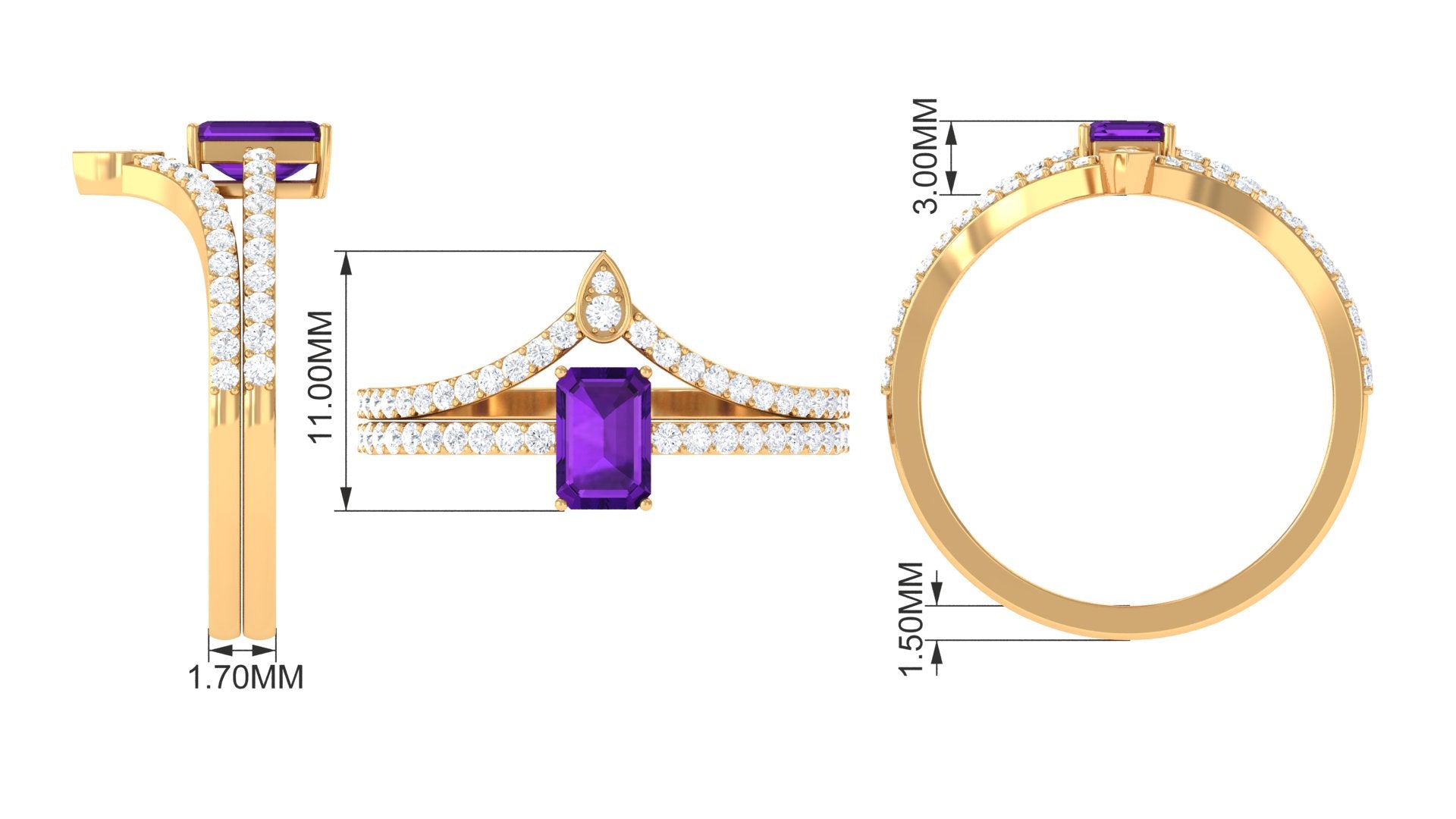 Natural 1.4 Carat Emerald Cut Amethyst Diamond Wedding Ring Set