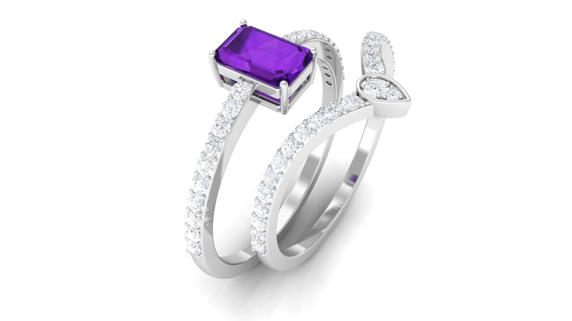 Natural 1.4 Carat Emerald Cut Amethyst Diamond Wedding Ring Set