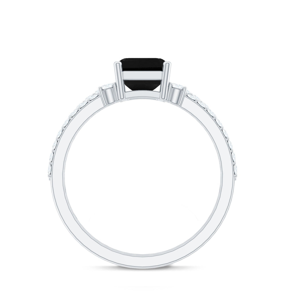 Emerald Cut Created Black Diamond Engagement Ring Set with Diamond