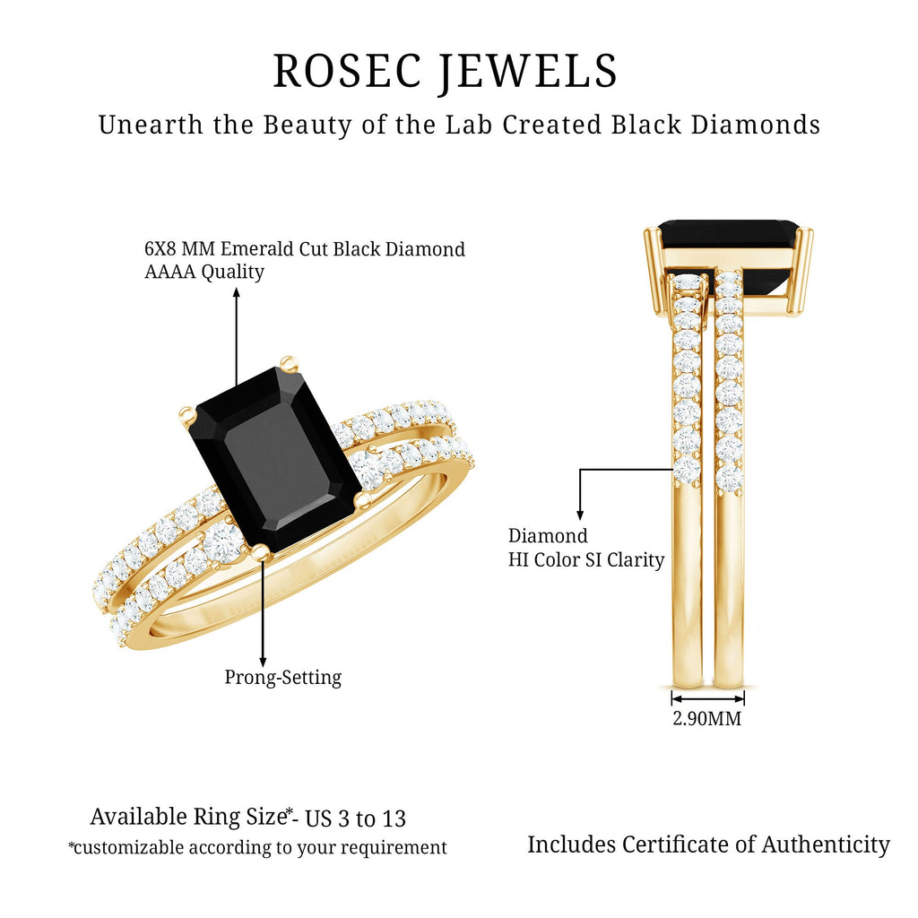 Emerald Cut Created Black Diamond Engagement Ring Set with Diamond