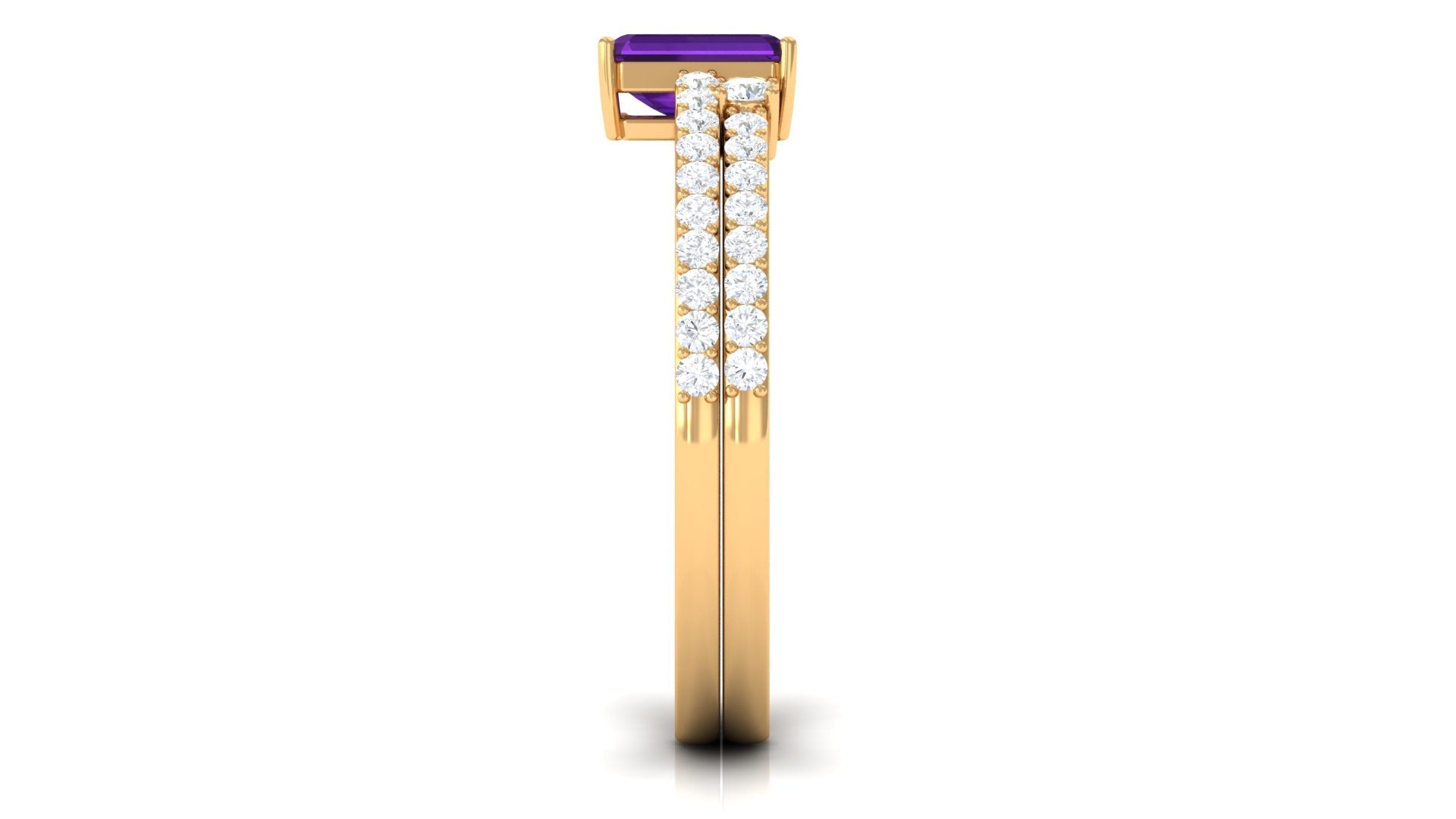 Certified Real 1.4 Carat Emerald Cut Amethyst Wedding Bridal Ring Set with Diamond