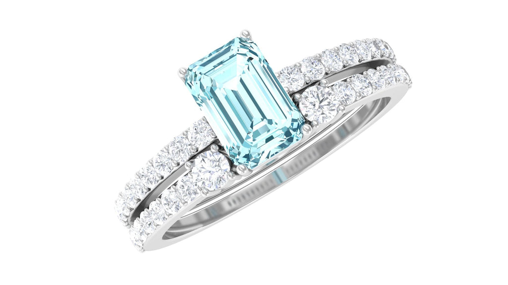Natural 0.6 Carat Aquamarine and Diamond Emerald Cut Bridal Ring Set
