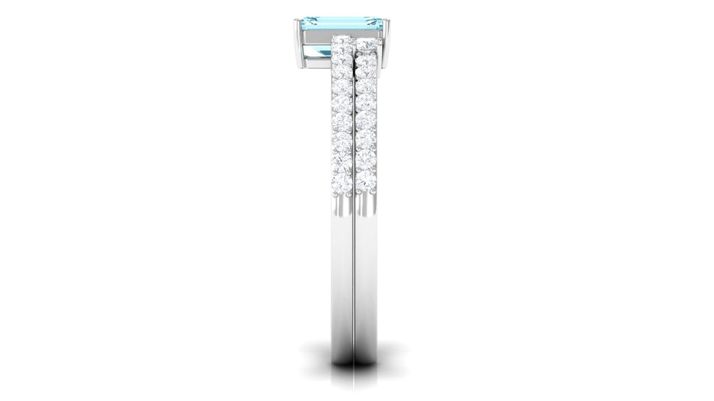 Natural 0.6 Carat Aquamarine and Diamond Emerald Cut Bridal Ring Set
