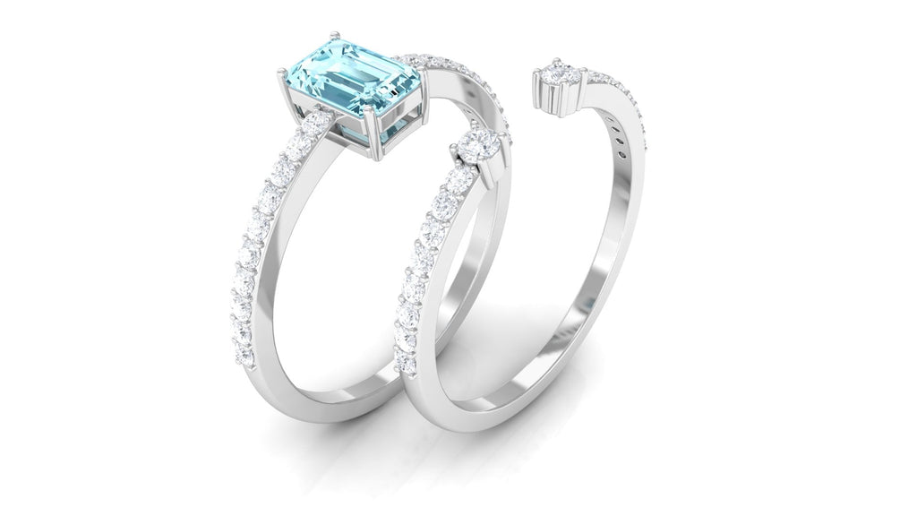 Natural 0.6 Carat Aquamarine and Diamond Emerald Cut Bridal Ring Set