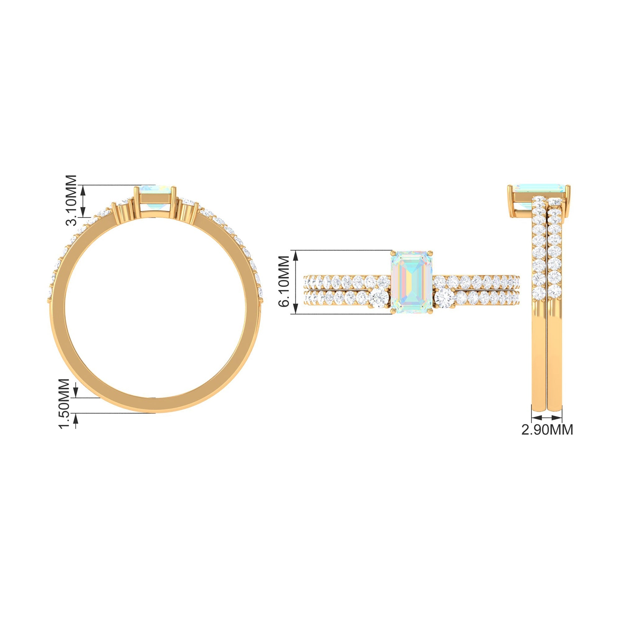2 Carat Emerald Cut Ethiopian Opal Solitaire Engagement Ring Set with Diamond Band