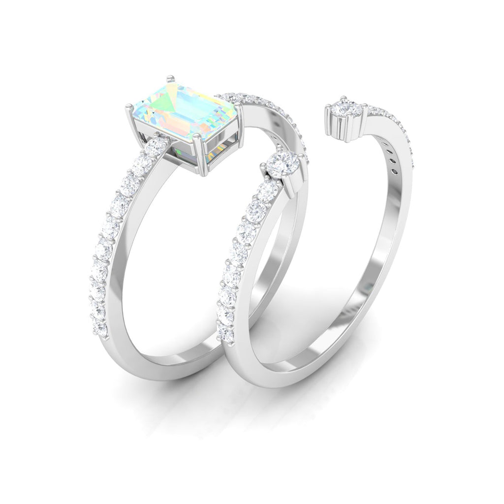 2 Carat Emerald Cut Ethiopian Opal Solitaire Engagement Ring Set with Diamond Band