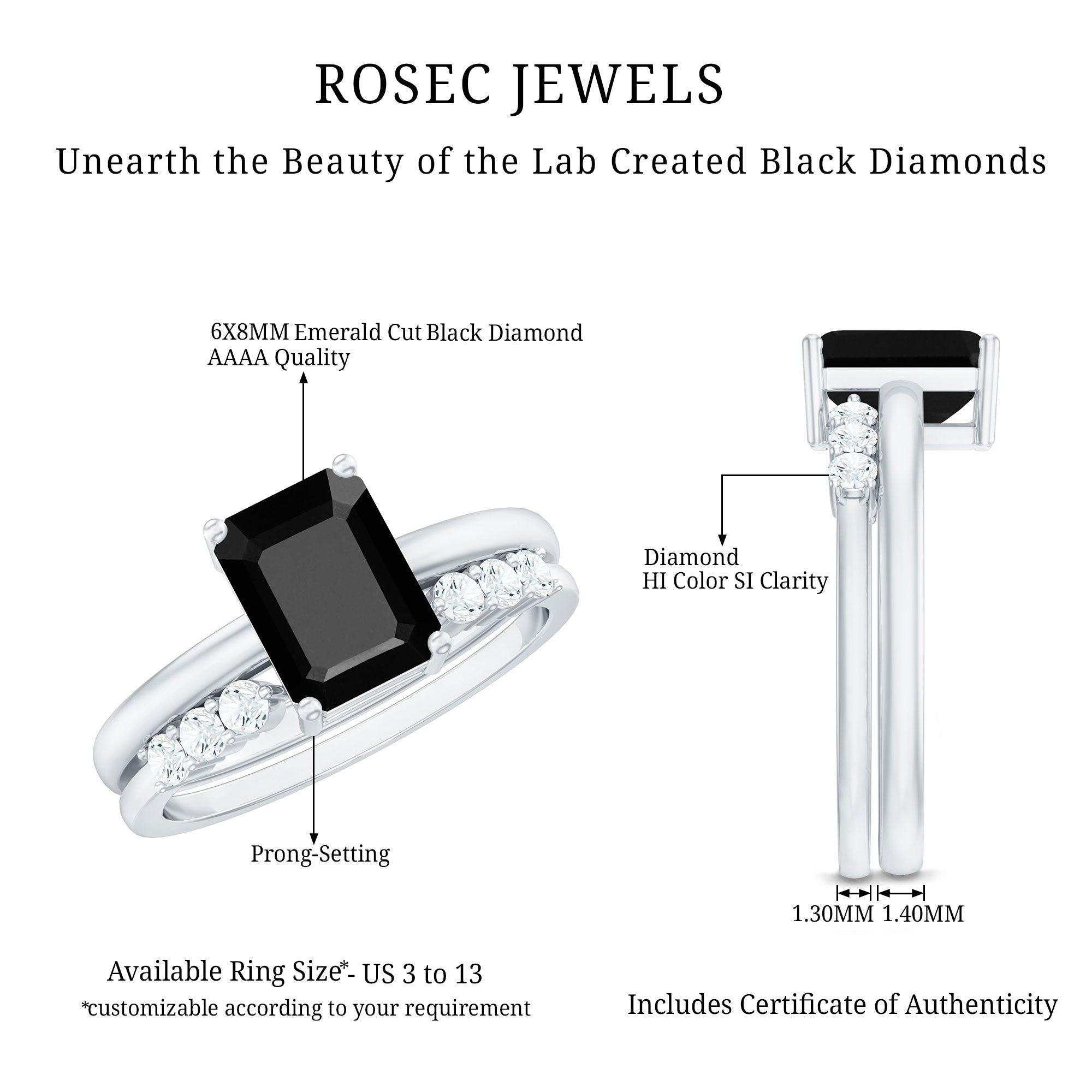 Certified 1.6 Carat Lab Grown Black Diamond Emerald Engagement Ring with White Diamond Enhancer