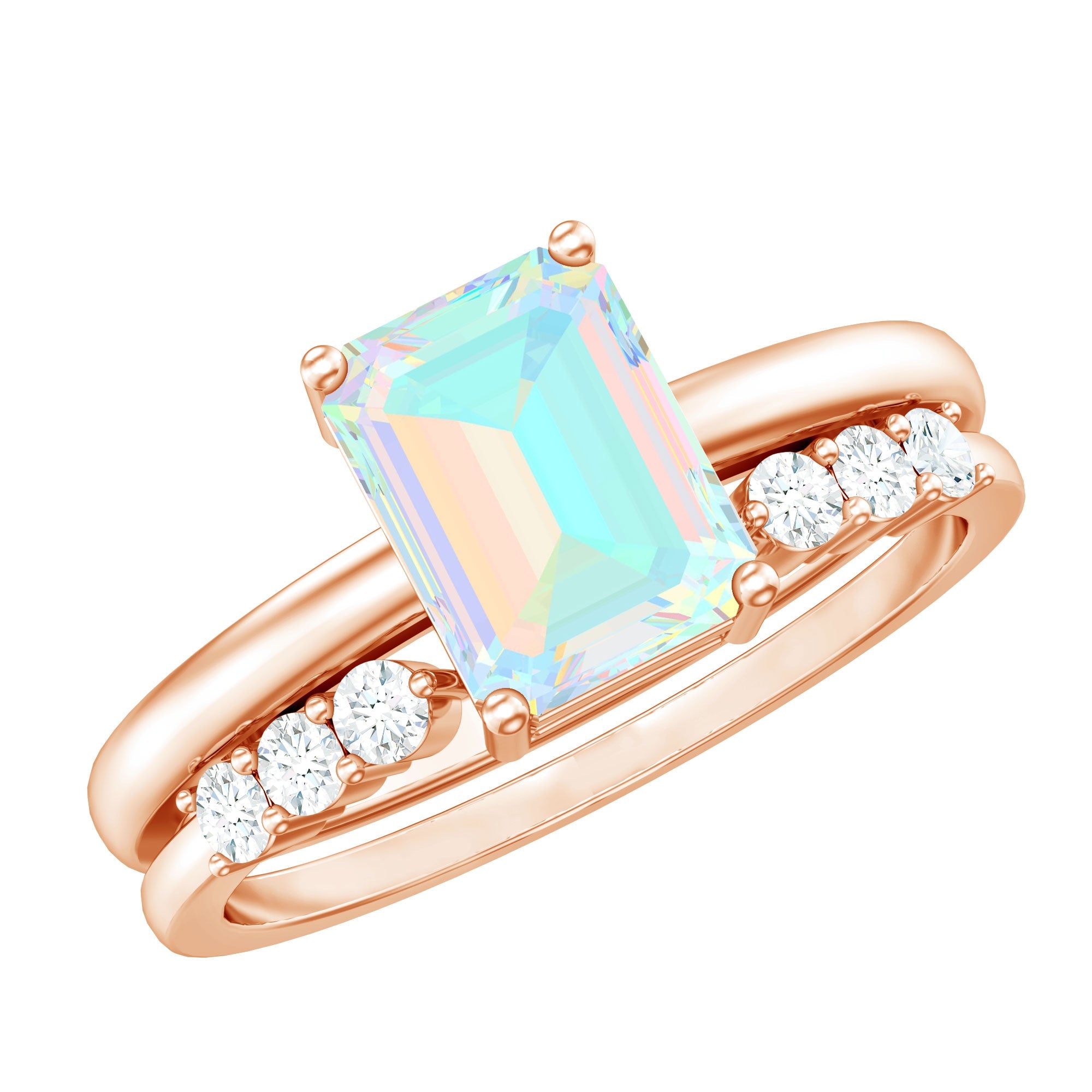 2 Carat Emerald Cut Ethiopian Opal Solitaire Ring Set with Diamond Enhancer