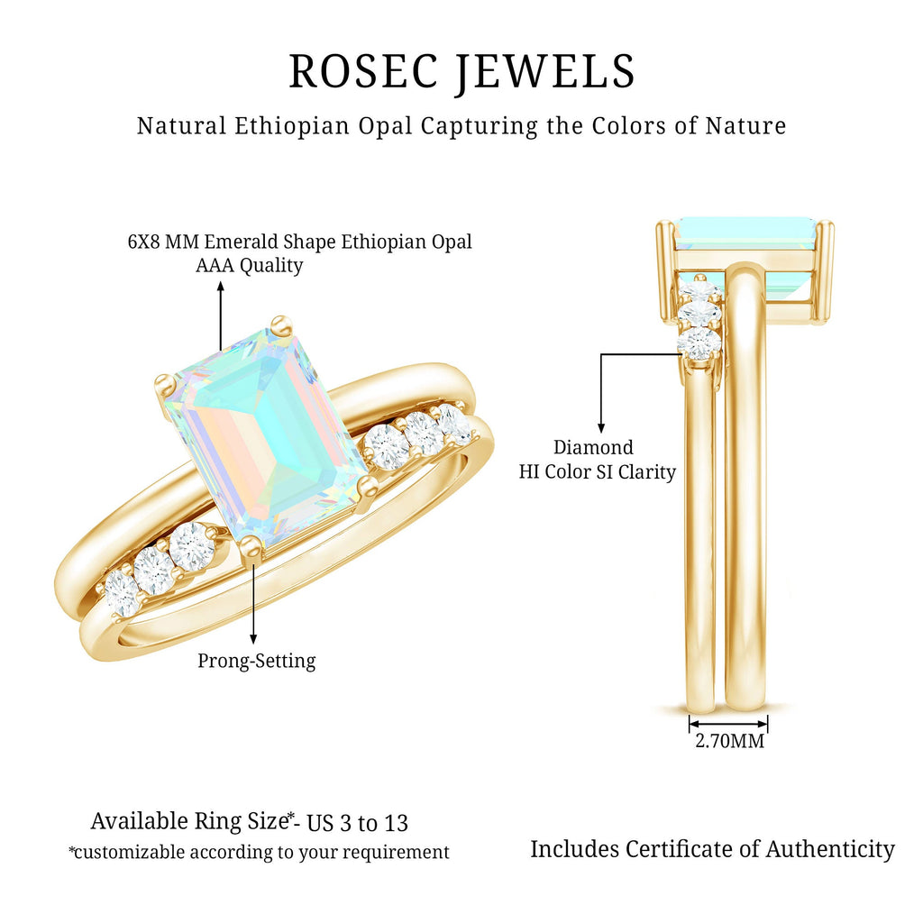 2 Carat Emerald Cut Ethiopian Opal Solitaire Ring Set with Diamond Enhancer