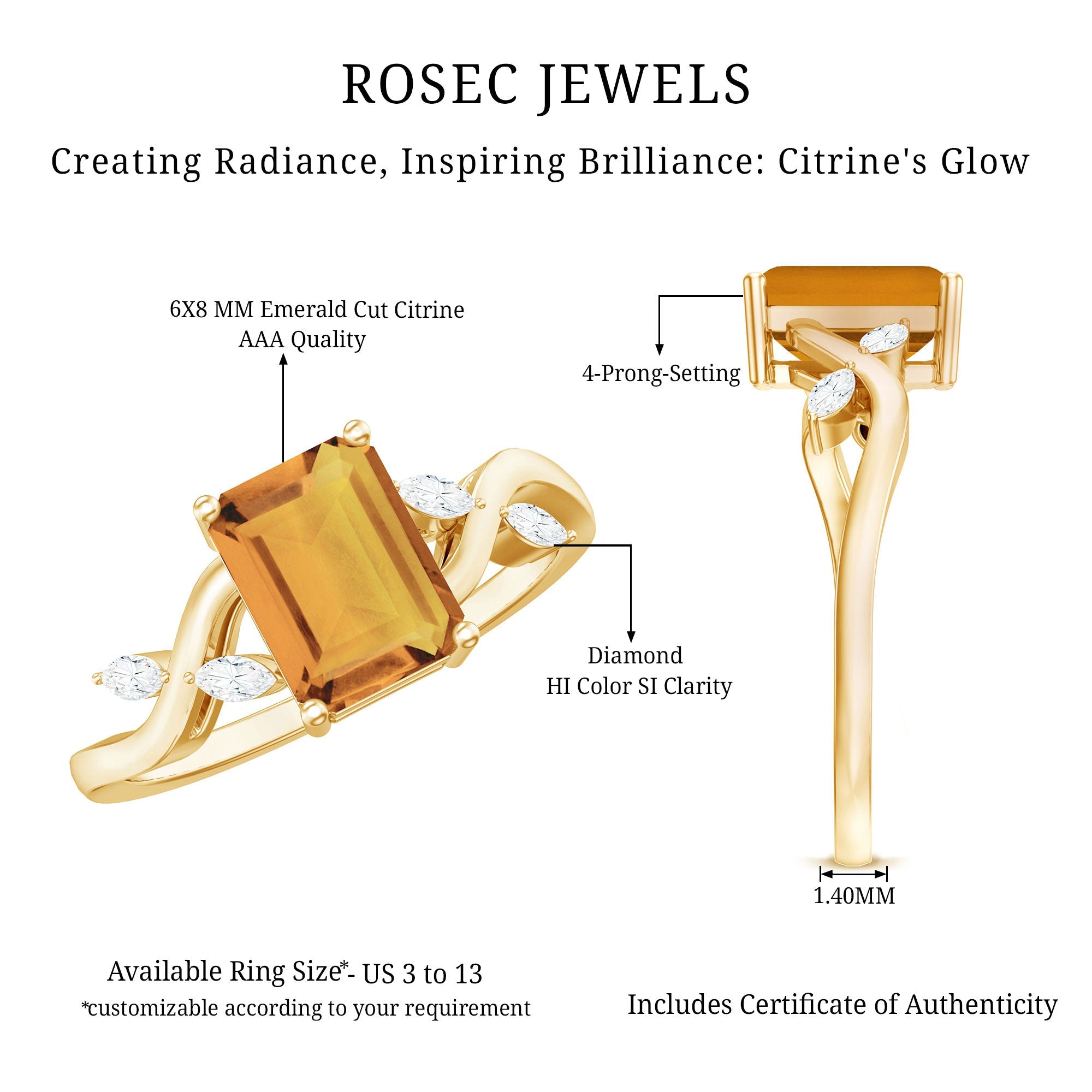 Natural 1.8 Carat Citrine Emerald Cut Engagement Ring with Diamond