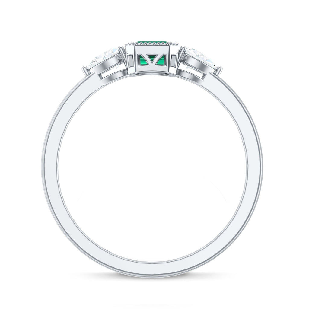 Emerald Cut Lab Grown Emerald Diamond Three Stone Ring with Beaded Details