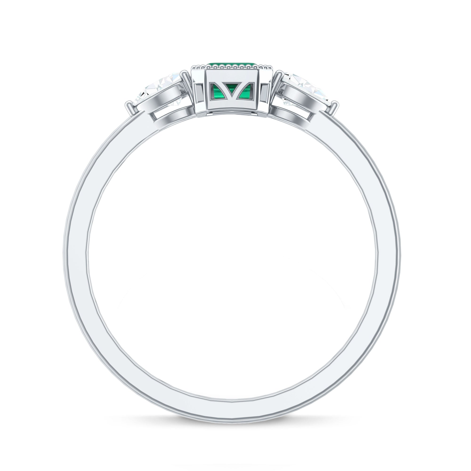Emerald Cut Lab Grown Emerald Diamond Three Stone Ring with Beaded Details