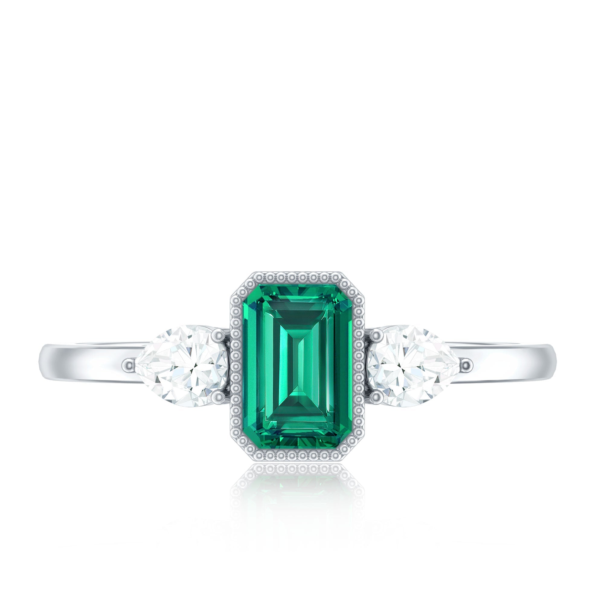 Emerald Cut Lab Grown Emerald Diamond Three Stone Ring with Beaded Details