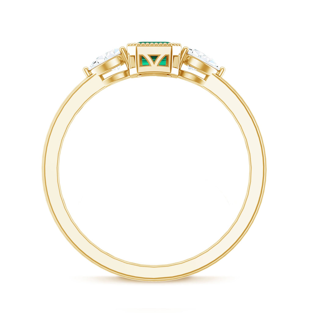 Emerald Cut Lab Grown Emerald Diamond Three Stone Ring with Beaded Details