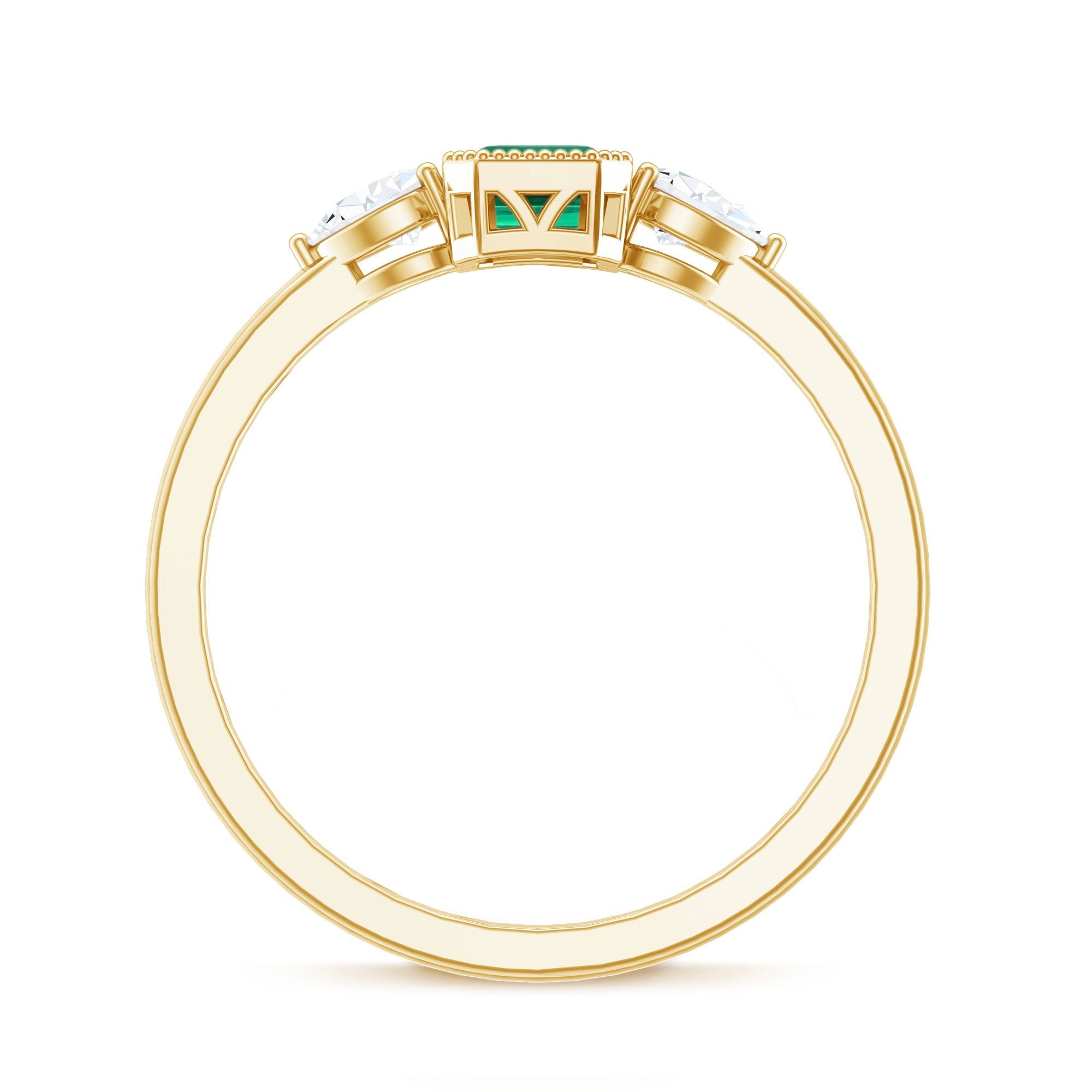 Emerald Cut Lab Grown Emerald Diamond Three Stone Ring with Beaded Details