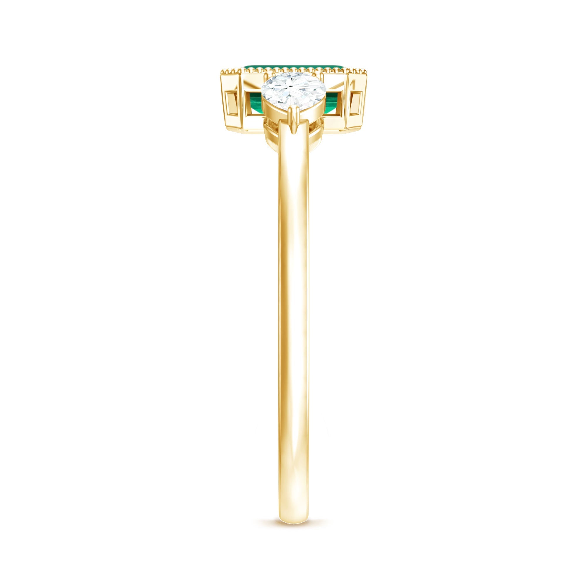 Emerald Cut Lab Grown Emerald Diamond Three Stone Ring with Beaded Details
