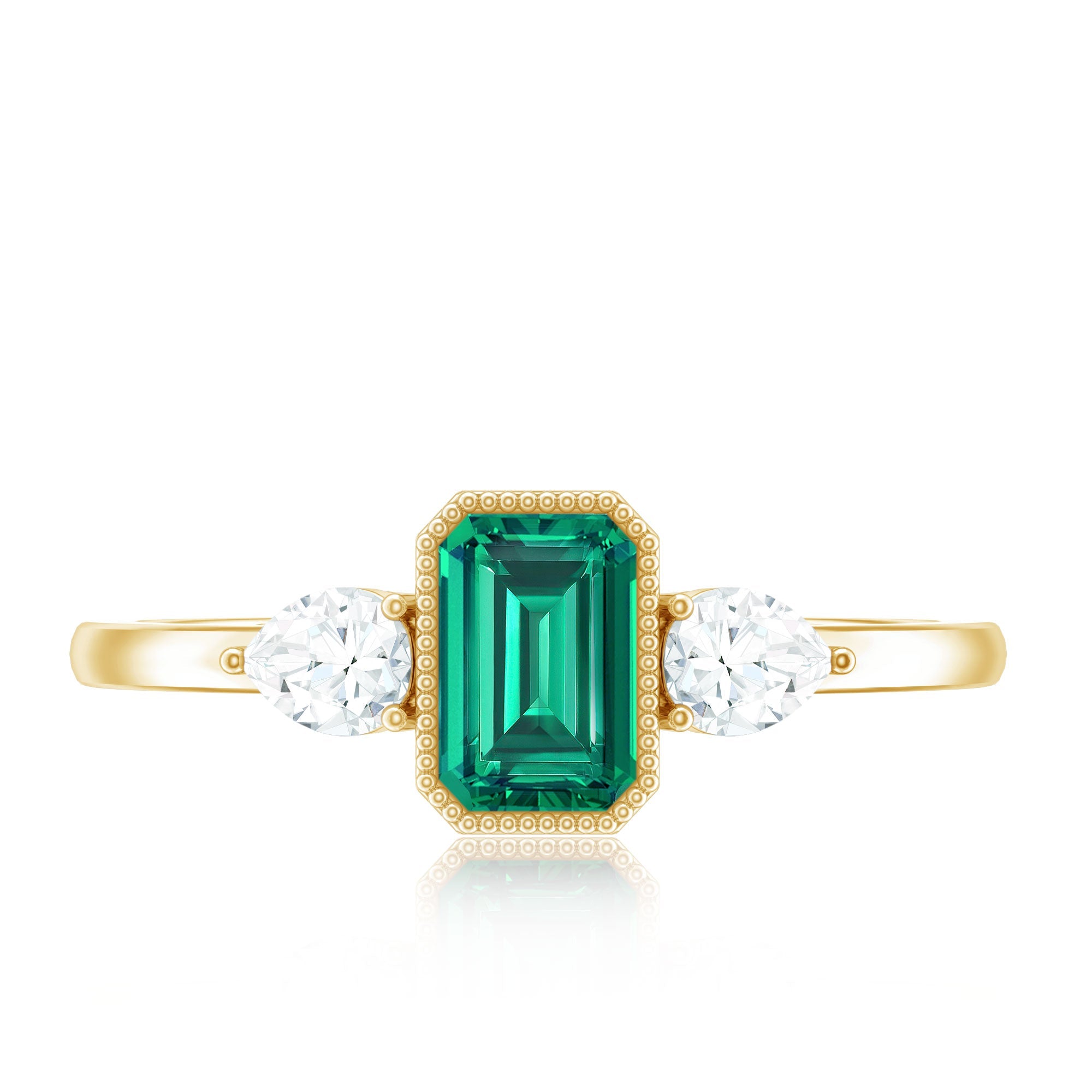 Emerald Cut Lab Grown Emerald Diamond Three Stone Ring with Beaded Details